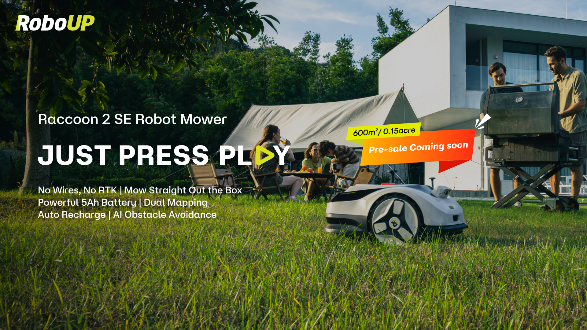 Load video: Life can get hectic, and keeping your lawn in shape shouldn’t add to the stress. The Raccoon 2 SE changes everything.Built for small lawns, it’s a true plug-and-play robot mower. Just press a button and it starts — no apps, no boundary wires, no complicated setup.It automatically maps your lawn, navigates around obstacles, and returns to recharge on its own. Quiet and efficient, it keeps your grass perfectly trimmed without supervision.With Raccoon 2 SE, weekends are yours again. Spend more time with family, enjoy your hobbies, or simply relax while your lawn takes care of itself.Smart, simple, and affordable — it’s the perfect solution for busy homeowners who want their time back.Experience the ease of one-button mowing. Visit our Shopify store now and be among the first to bring the Raccoon 2 SE home!